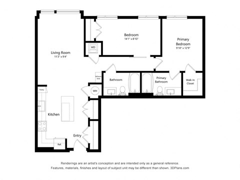 Floor plan for 2 beds, 2 baths, 1010 sqft